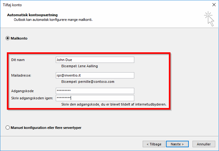 Kontoopsætning i Outlook med POP/SMTP-felter.