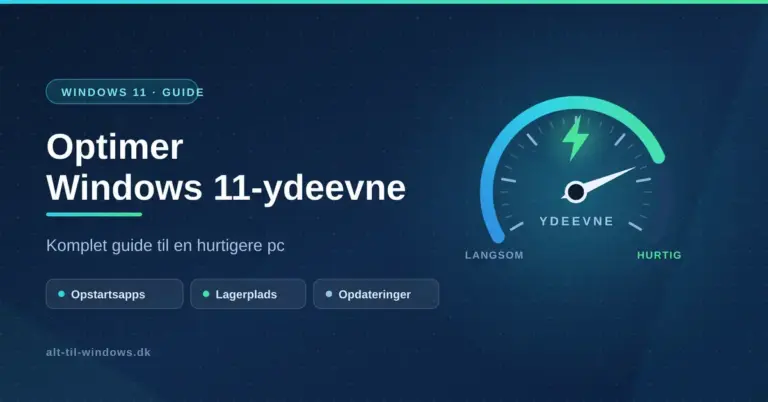 Grafik med et speedometer, hvor viseren peger mod "Hurtig", ved siden af overskriften "Optimer Windows 11-ydeevne – komplet guide til en hurtigere pc".